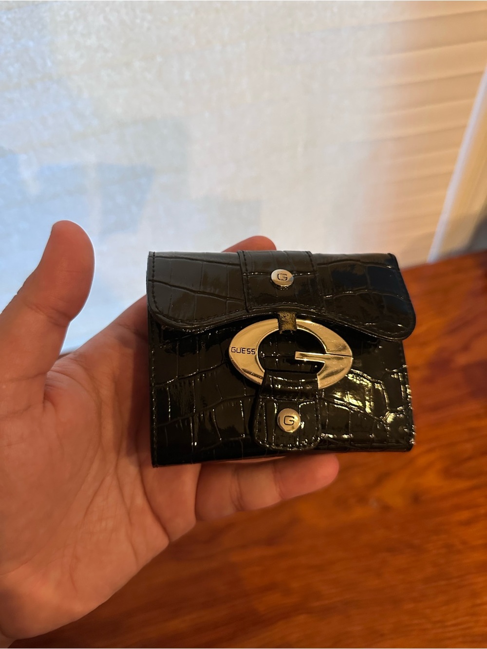 GUESS Black Croc-Embossed Mini Wallet with Gold-Tone G Logo